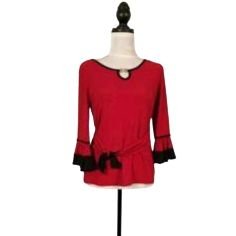 Liz McCoy Size Small Red Blouse Black Contrast Trim 3/4 Bell Sleeve Stretch Top